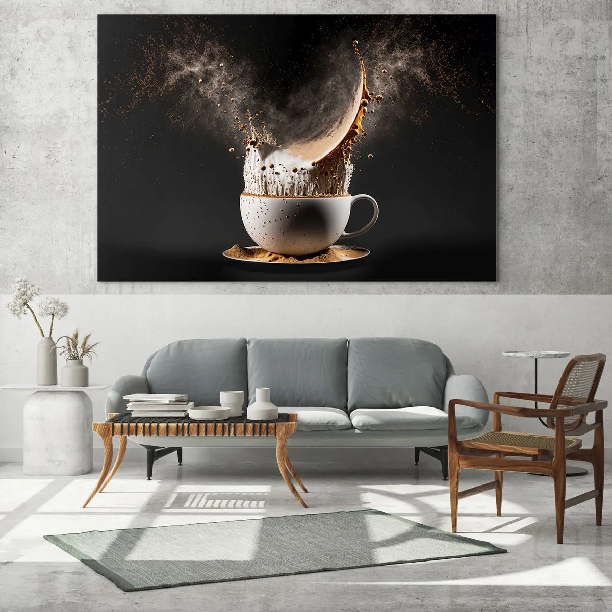 Quadro em vidro - Espirrando café com leite em uma foto dinâmica - 70x50cm - Uma explosão de sabor - Decoração de parede moderna para a sala de estar e quarto ARTTOR