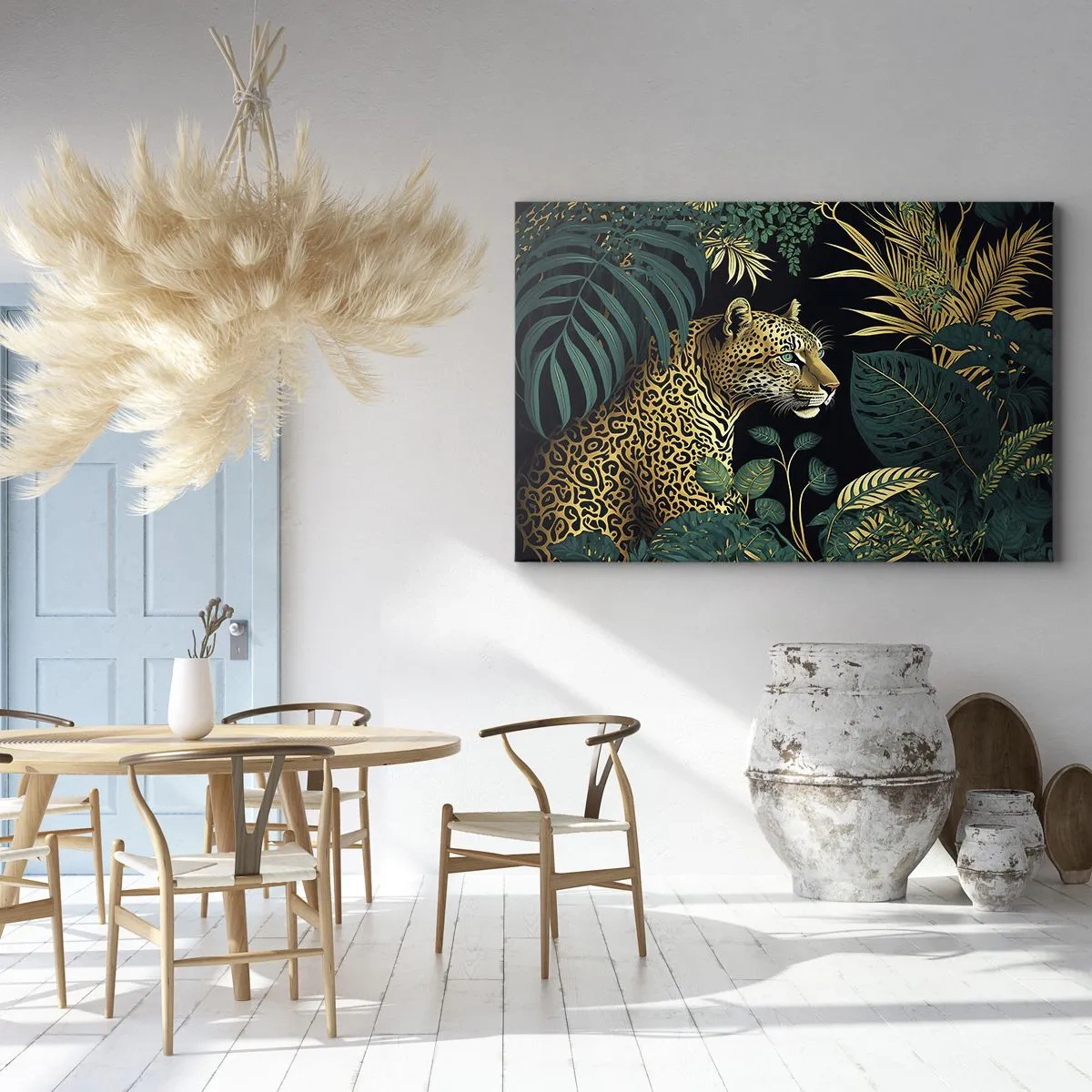Quadro em tela - Leopardo em folhas tropicais em um fundo preto - 70x50cm - Um anfitrião na selva - Decoração de parede moderna para a sala de estar e quarto ARTTOR