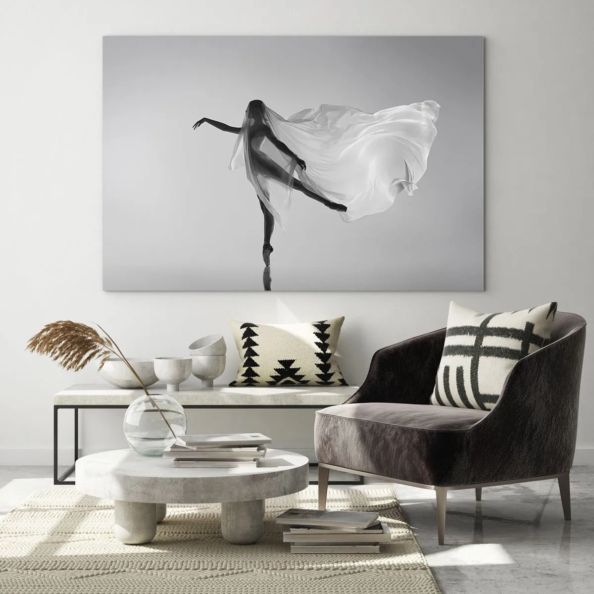 Quadro em vidro - Silhueta de uma dançarina com um véu flutuante em movimento - 70x50cm - Leveza e graça - Decoração de parede moderna para a sala de estar e quarto ARTTOR