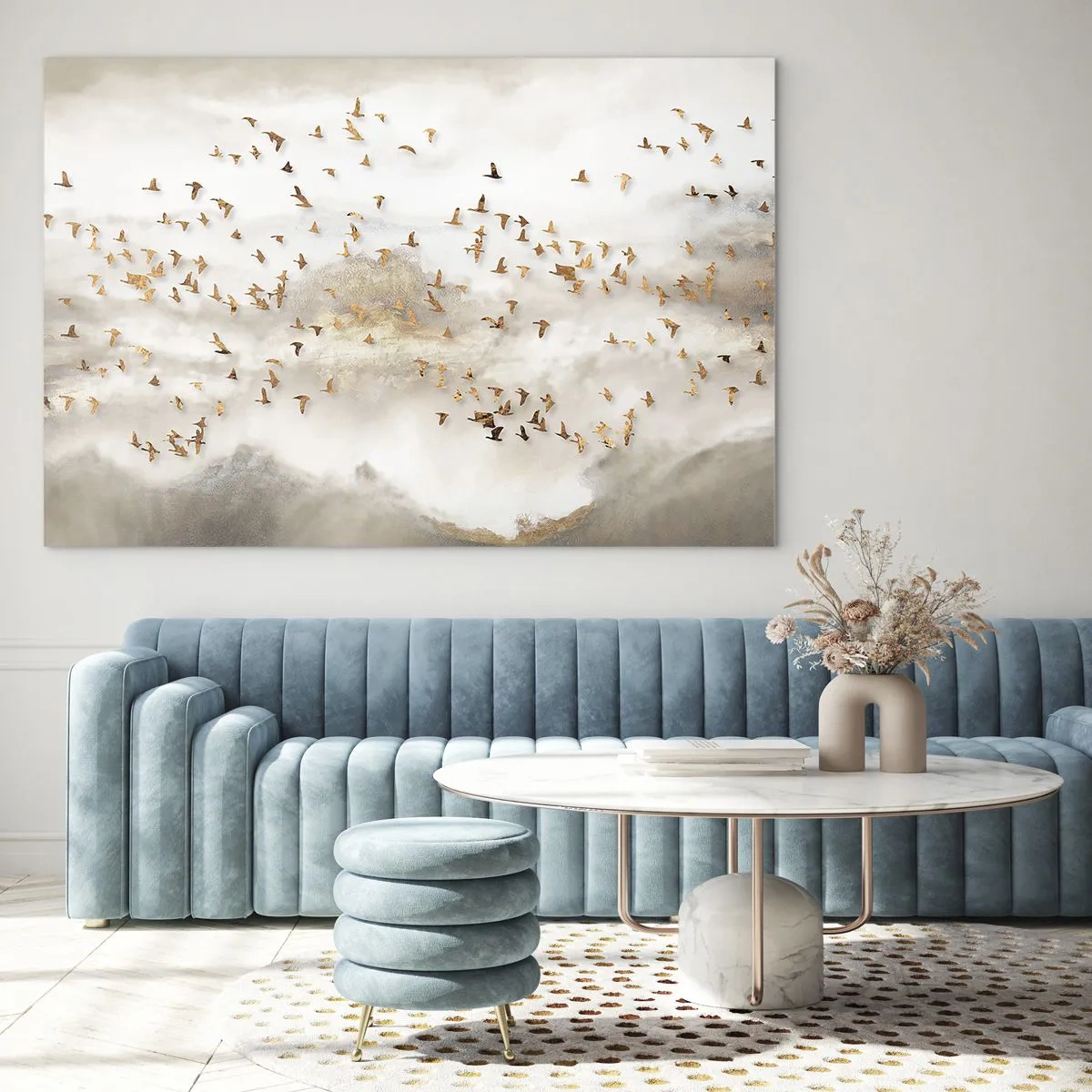 Quadro em vidro - Um bando de pássaros voando sobre uma paisagem enevoada - 70x50cm - Está na hora… - Decoração de parede moderna para a sala de estar e quarto ARTTOR
