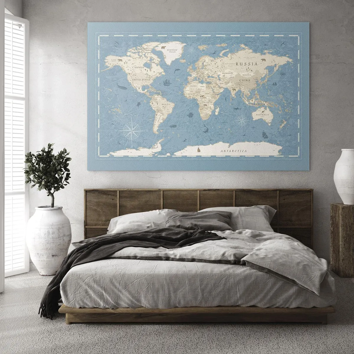 Quadro em vidro - Mapa-múndi estilizado em fundo azul - 70x50cm - O mundo ao seu alcance - Decoração de parede moderna para a sala de estar e quarto ARTTOR