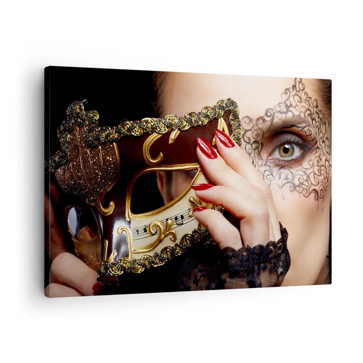 Quadro em tela - Uma mulher usando uma máscara veneziana decorada com ouro e renda. - 70x50cm - Meu mundo é barroco - Decoração de parede moderna para a sala de estar e quarto ARTTOR