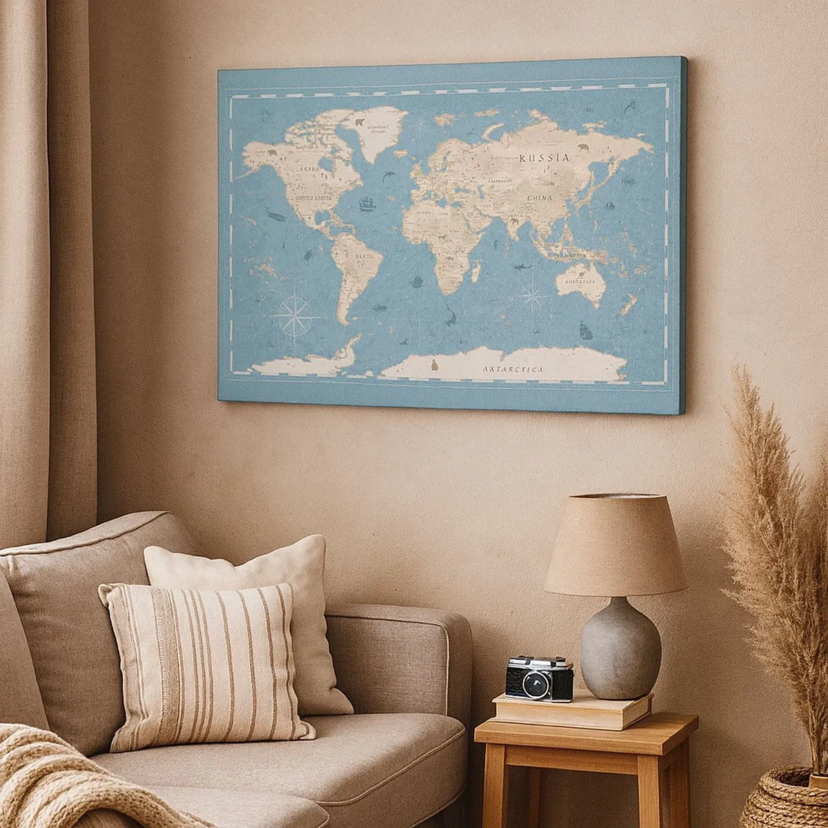 Quadro em tela - Mapa-múndi decorativo em tons de azul e bege - 70x50cm - O mundo ao seu alcance - Decoração de parede moderna para a sala de estar e quarto ARTTOR