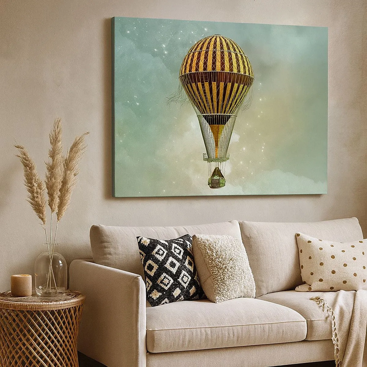 Quadro em tela - Um balão de ar quente flutuando entre as nuvens - 70x50cm - Voos pioneiros - Decoração de parede moderna para a sala de estar e quarto ARTTOR