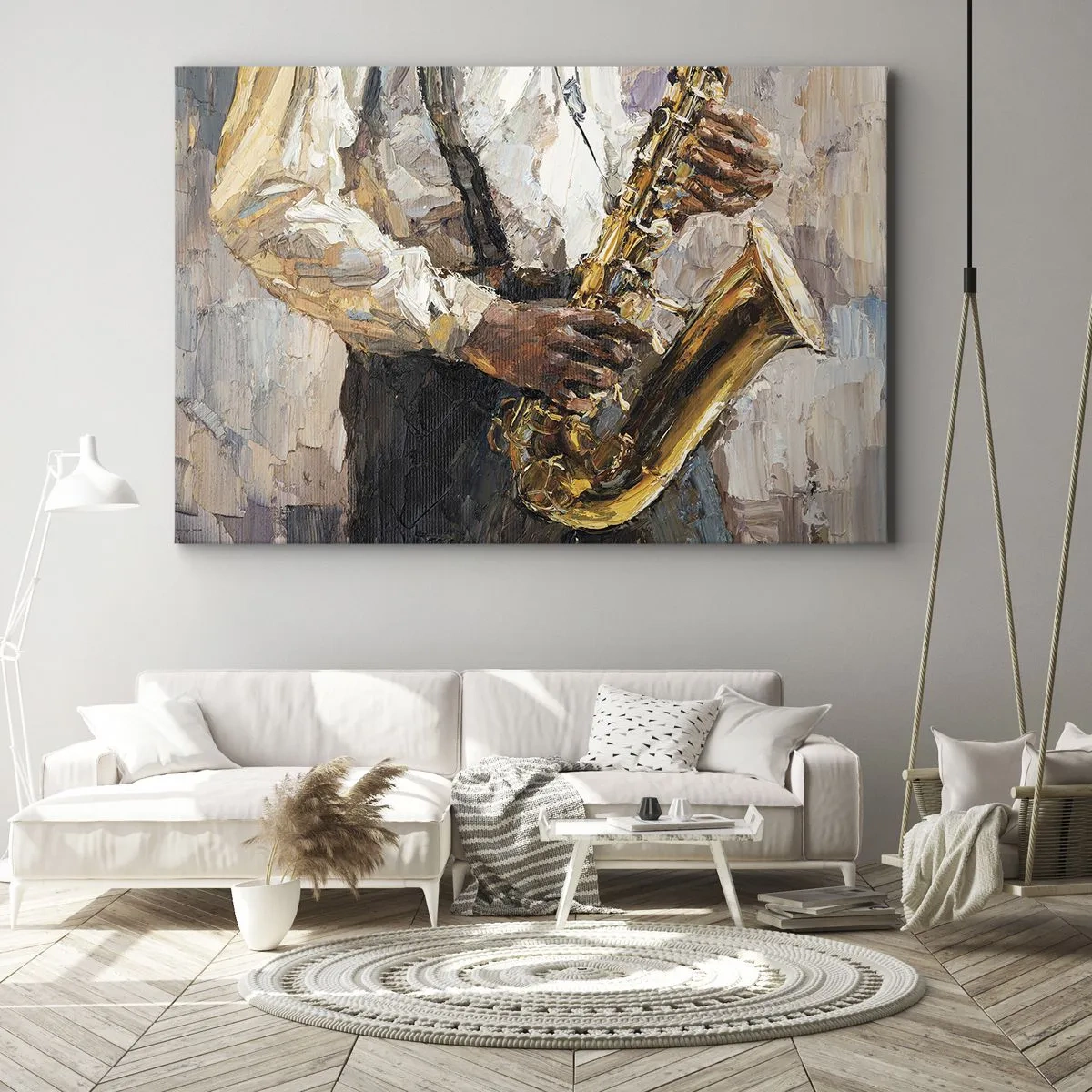 Quadro em tela - Um músico tocando saxofone em um estilo artístico - 70x50cm - Hora do solo - Decoração de parede moderna para a sala de estar e quarto ARTTOR