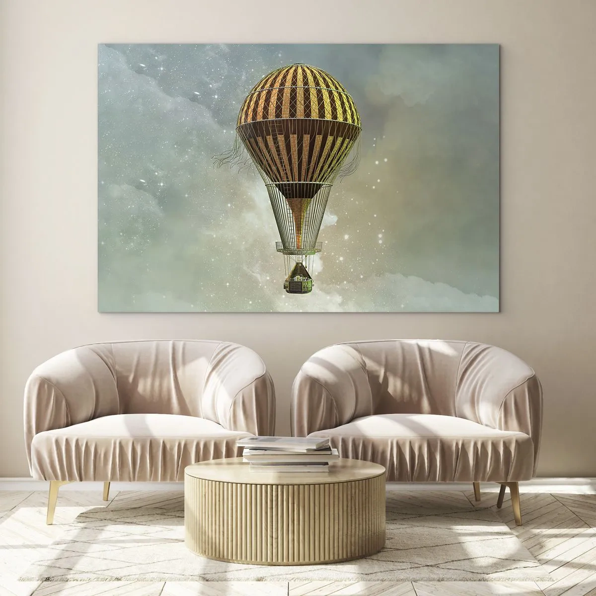 Quadro em vidro - Um balão estilizado contra o fundo de um céu estrelado e nuvens. - 70x50cm - Voos pioneiros - Decoração de parede moderna para a sala de estar e quarto ARTTOR