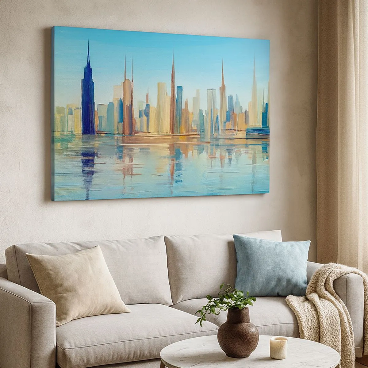 Quadro em tela - Um panorama da cidade em cores quentes com reflexo na água - 70x50cm - Uma metrópole ensolarada - Decoração de parede moderna para a sala de estar e quarto ARTTOR