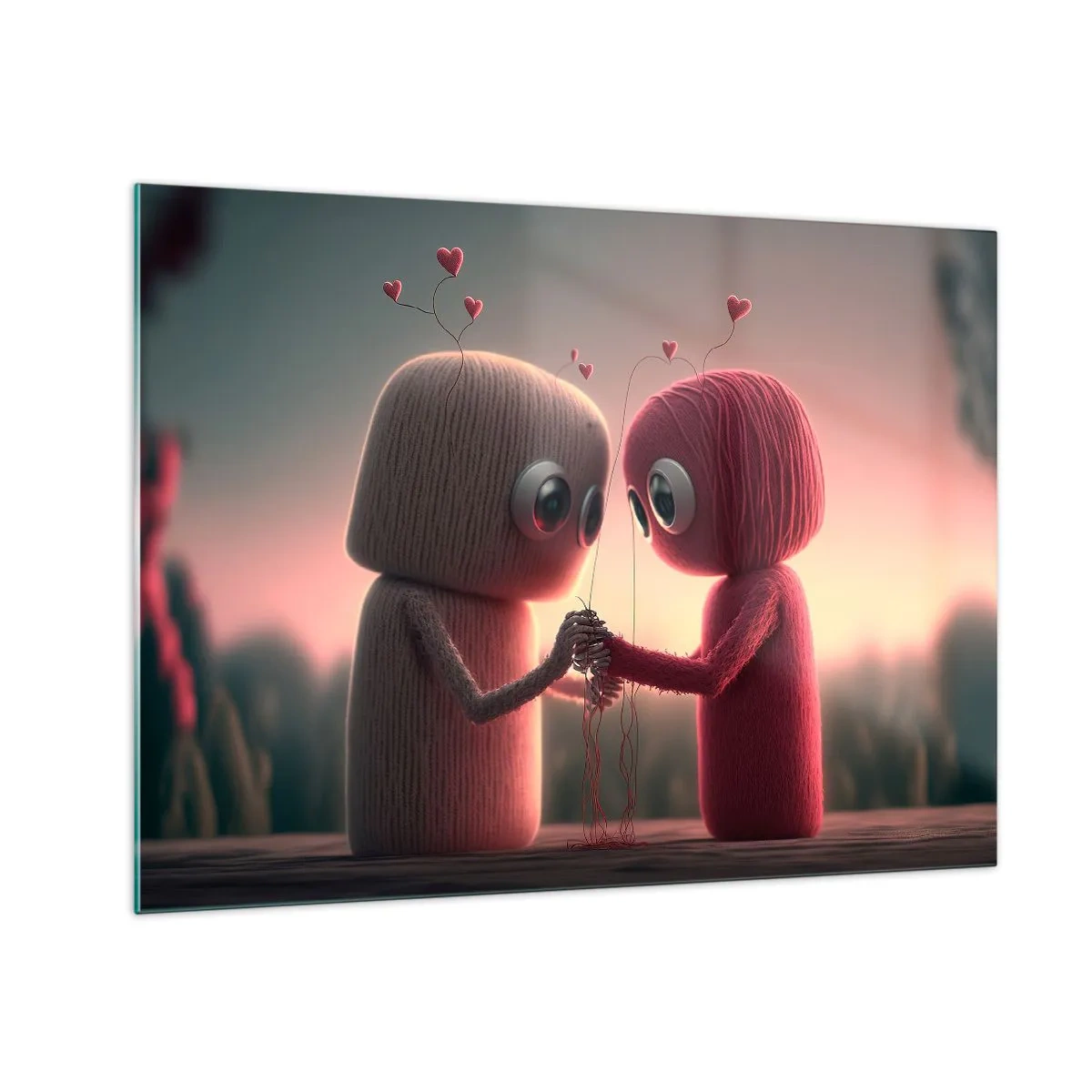 Quadro em vidro - Duas figuras de lã de mãos dadas com corações - 70x50cm - Todos podem amar - Decoração de parede moderna para a sala de estar e quarto ARTTOR
