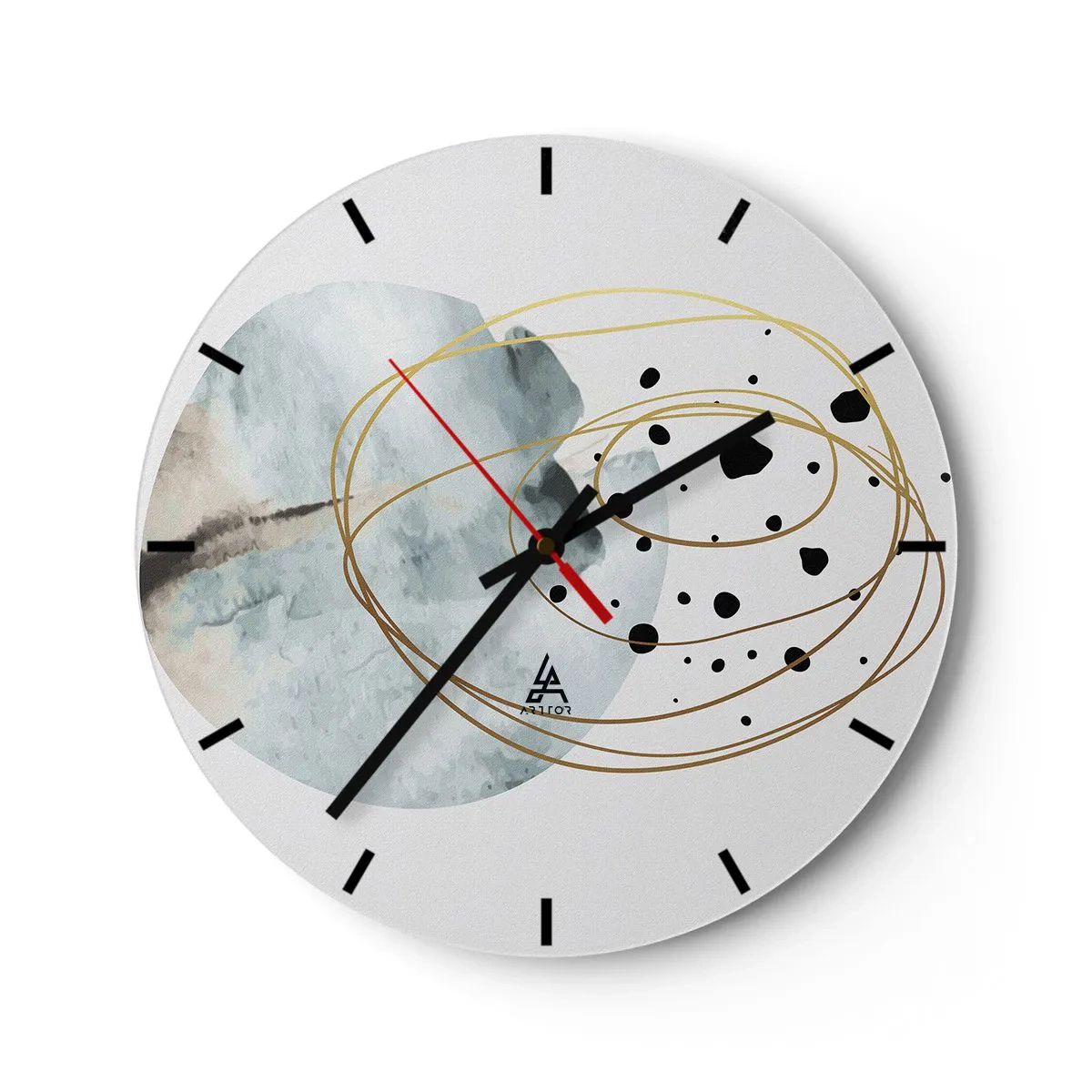 Relógio de parede - Relógio em vidro - Linhas douradas abstratas e pontos pretos em um fundo claro - 30x30cm - No abraço ao espaço - Decoração de parede moderna para a sala de estar, cozinha e quarto ARTTOR