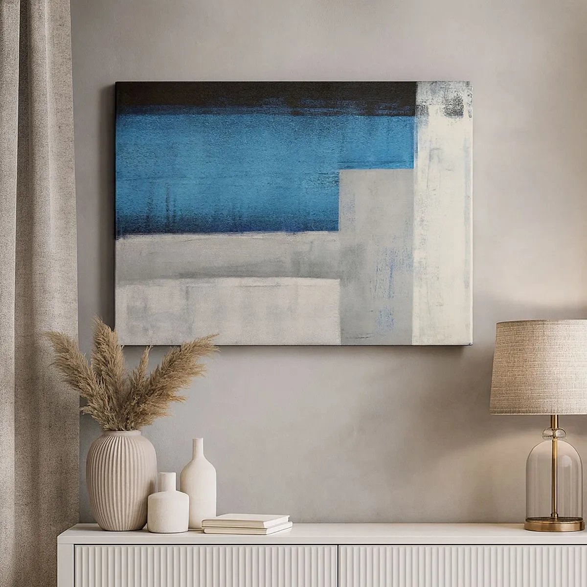 Quadro em tela - Uma composição abstrata com tons de azul, cinza e branco. - 70x50cm - Uma composição poética de cinza e azul - Decoração de parede moderna para a sala de estar e quarto ARTTOR