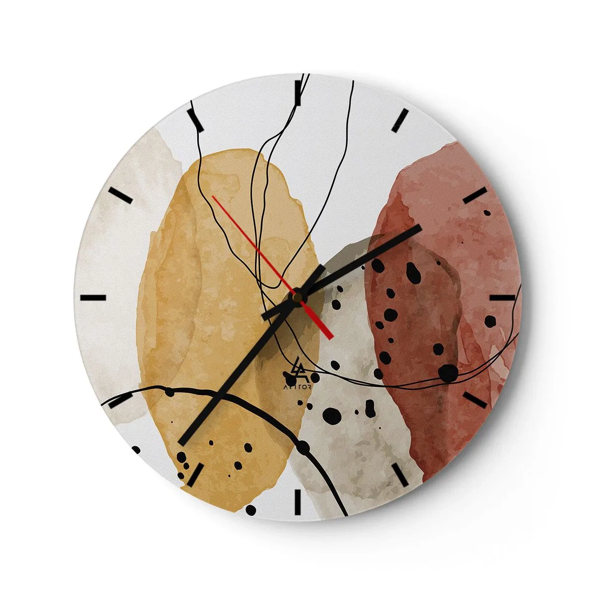 Relógio de parede - Relógio em vidro - Formas abstratas coloridas com linhas e pontos pretos - 30x30cm - Como o ar leve e transparente - Decoração de parede moderna para a sala de estar, cozinha e quarto ARTTOR