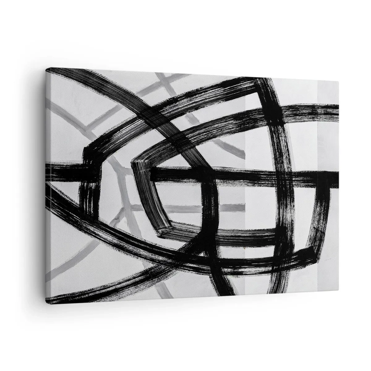 Quadro em tela - Linhas abstratas em preto e branco se cruzando em um fundo claro - 70x50cm - Profundidade de construção - Decoração de parede moderna para a sala de estar e quarto ARTTOR
