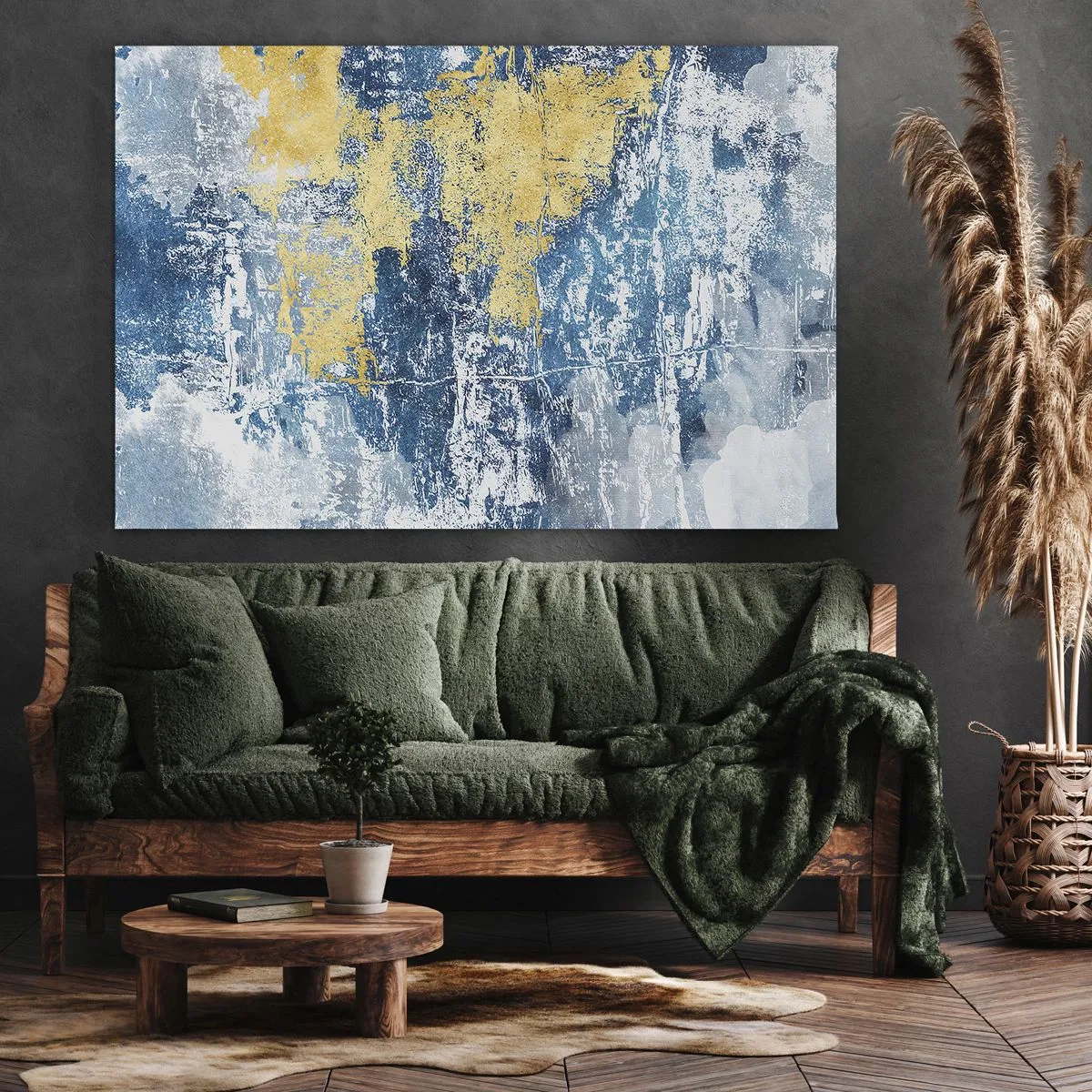 Quadro em tela - Abstração em tons de azul e amarelo - 70x50cm - Abstração cheia de clima - Decoração de parede moderna para a sala de estar e quarto ARTTOR