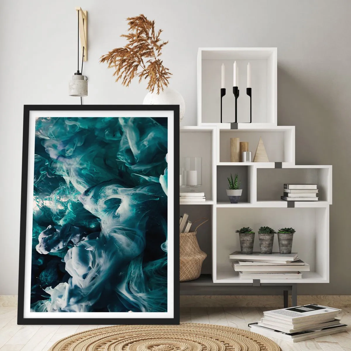 Pôster com moldura preta - Uma composição abstrata de cores vibrantes em tons de verde e azul. - 50x70cm - Movimento de cores - Decoração de parede moderna para a sala de estar e quarto ARTTOR