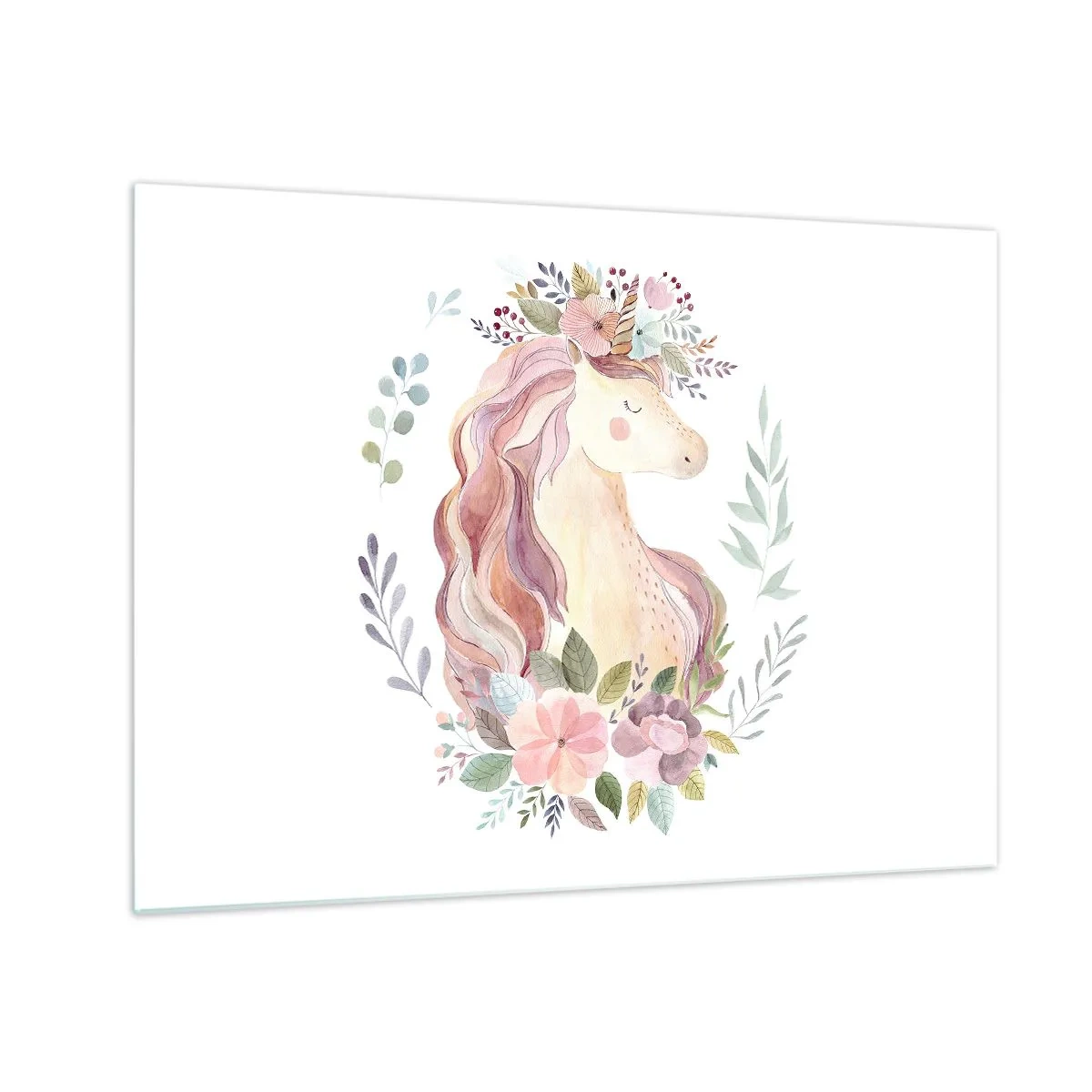 Quadro em vidro - Um unicórnio de desenho animado com uma juba de flores em tons pastel - 70x50cm - Um convite ao mundo dos contos de fadas - Decoração de parede moderna para a sala de estar e quarto ARTTOR