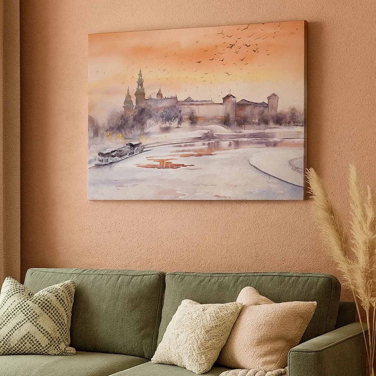 Quadro em tela - Pôr do sol sobre o castelo em um cenário de inverno - 70x50cm - Pôr do sol real - Decoração de parede moderna para a sala de estar e quarto ARTTOR