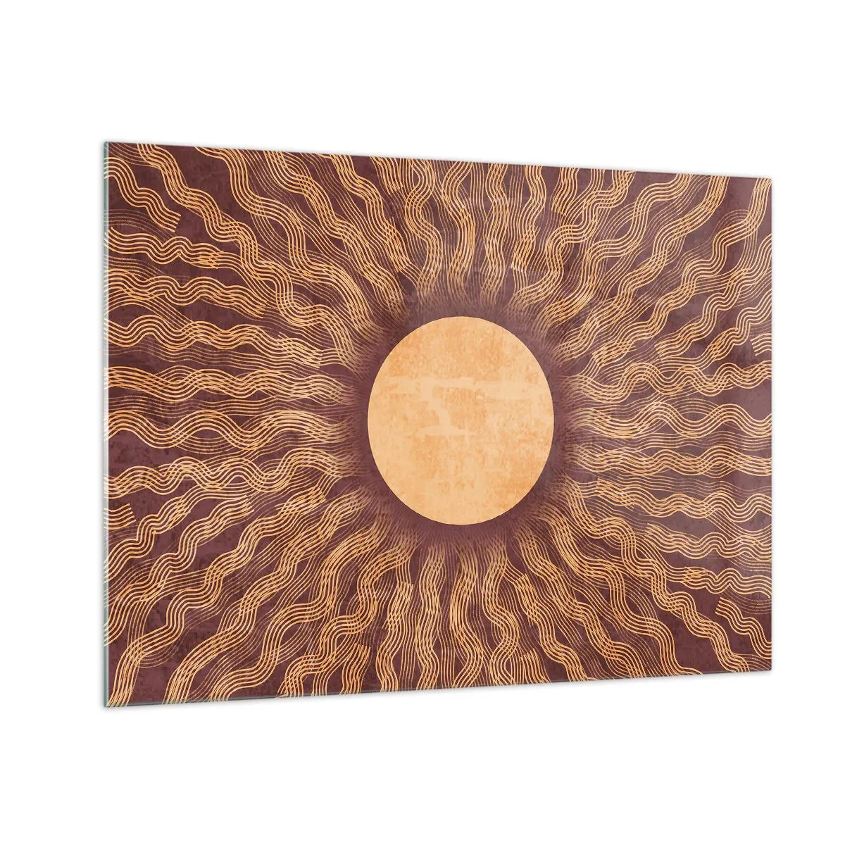 Quadro em vidro - Um sol estilizado com raios em forma de linhas onduladas sobre um fundo marrom. - 70x50cm - Ícone do sol - Decoração de parede moderna para a sala de estar e quarto ARTTOR