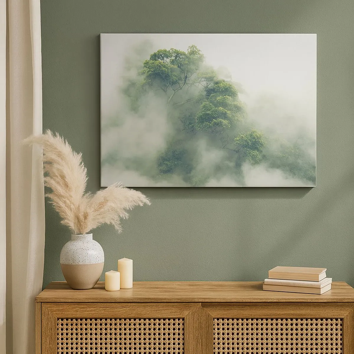 Quadro em tela - Árvores verdes em meio a uma névoa espessa contra um fundo natural - 70x50cm - Envolto em neblina - Decoração de parede moderna para a sala de estar e quarto ARTTOR