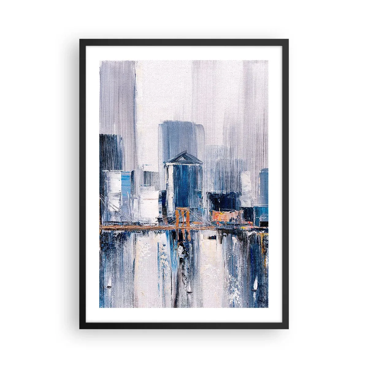 Pôster com moldura preta - Panorama abstrato da cidade em tons de azul e branco - 50x70cm - Impressão de Nova York - Decoração de parede moderna para a sala de estar e quarto ARTTOR