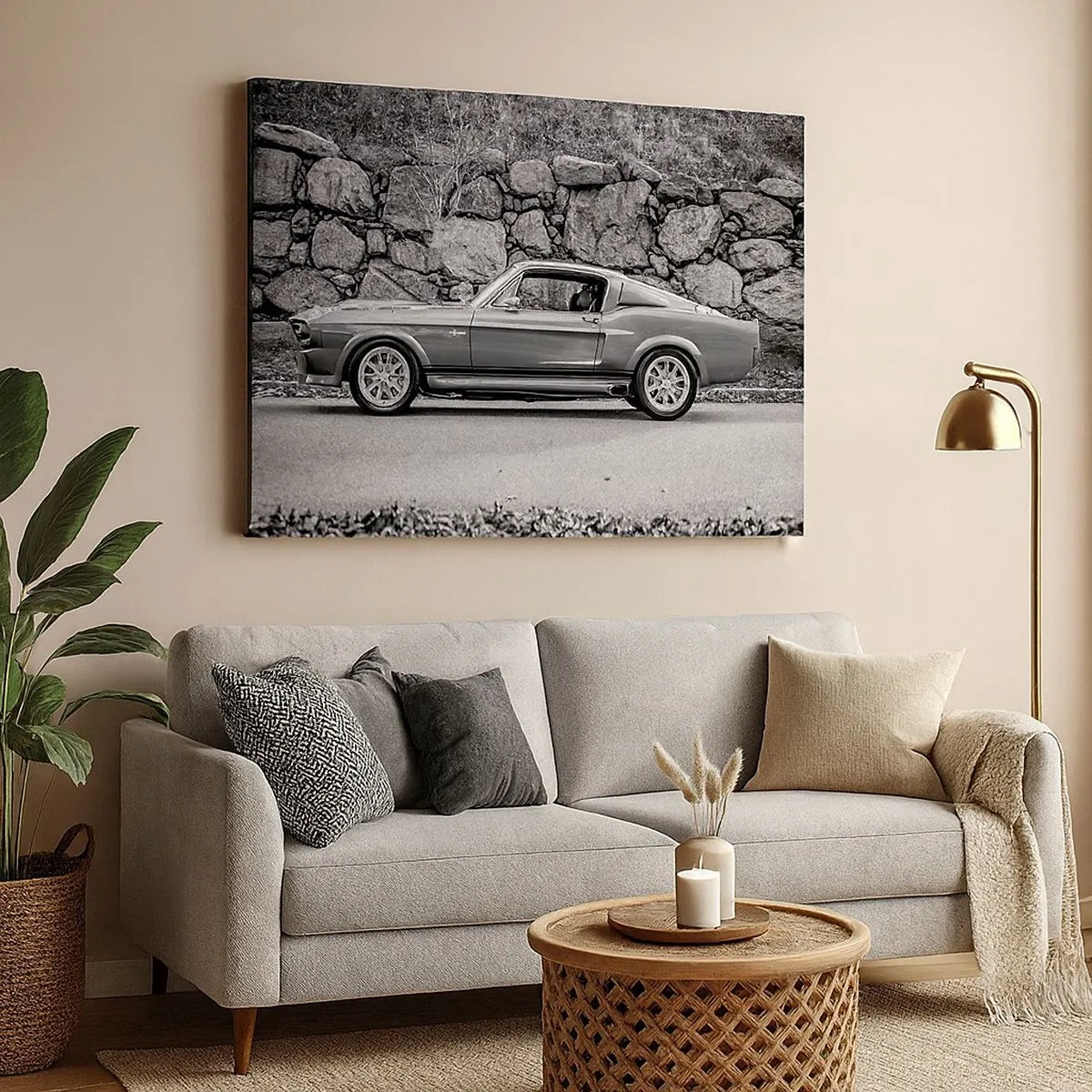 Quadro em tela - Foto em preto e branco de um carro clássico - 70x50cm - Lenda dos anos 60 - Decoração de parede moderna para a sala de estar e quarto ARTTOR