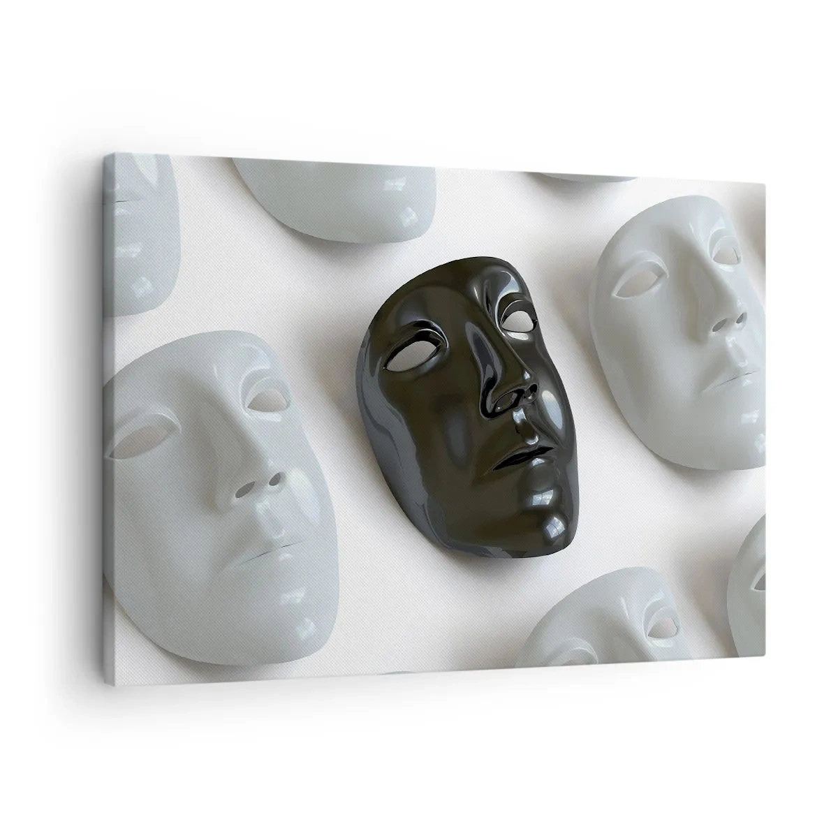 Quadro em tela - Máscaras pretas e brancas sobre fundo claro - 70x50cm - Como se destacar? - Decoração de parede moderna para a sala de estar e quarto ARTTOR