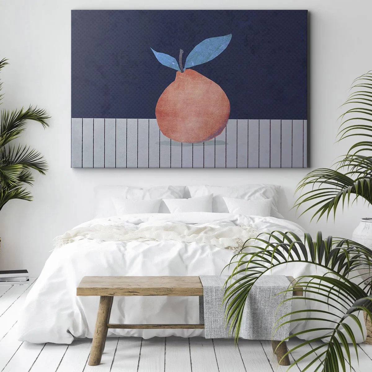 Quadro em tela - Fruta abstrata sobre um fundo de cores contrastantes e linhas retas. - 70x50cm - Convexidade e plano - Decoração de parede moderna para a sala de estar e quarto ARTTOR