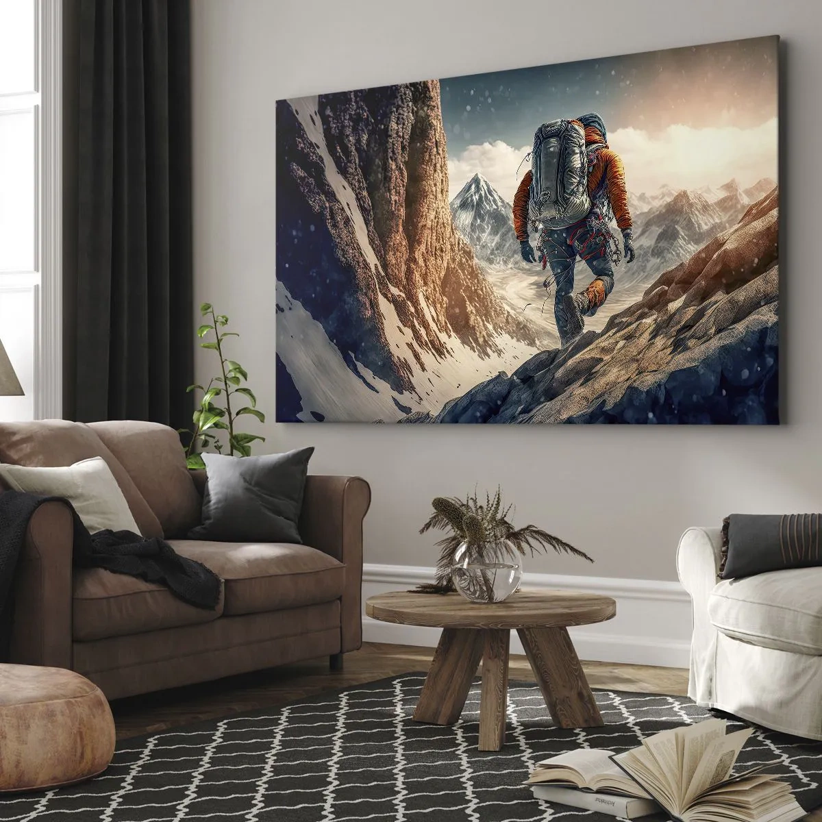 Quadro em tela - Um alpinista em uma trilha de montanha em uma paisagem de inverno - 70x50cm - Guerreiro solitário - Decoração de parede moderna para a sala de estar e quarto ARTTOR