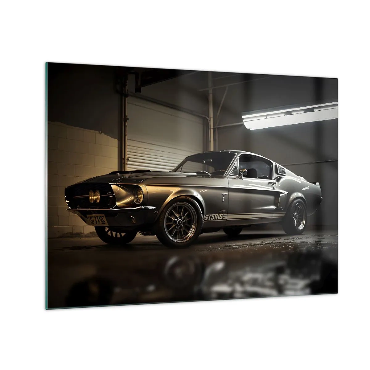 Quadro em vidro - Carro clássico na garagem sob iluminação industrial - 70x50cm - De volta ao passado - Decoração de parede moderna para a sala de estar e quarto ARTTOR