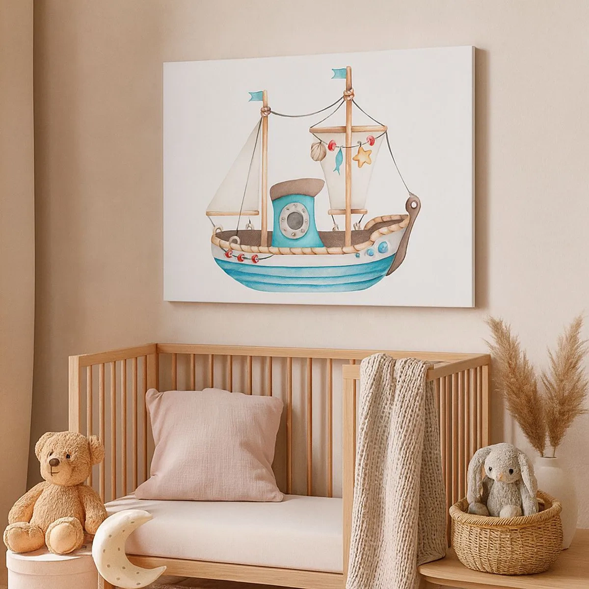 Quadro em tela - Ilustração de um navio em cores pastel sobre fundo branco - 70x50cm - Vamos a isso! - Decoração de parede moderna para a sala de estar e quarto ARTTOR