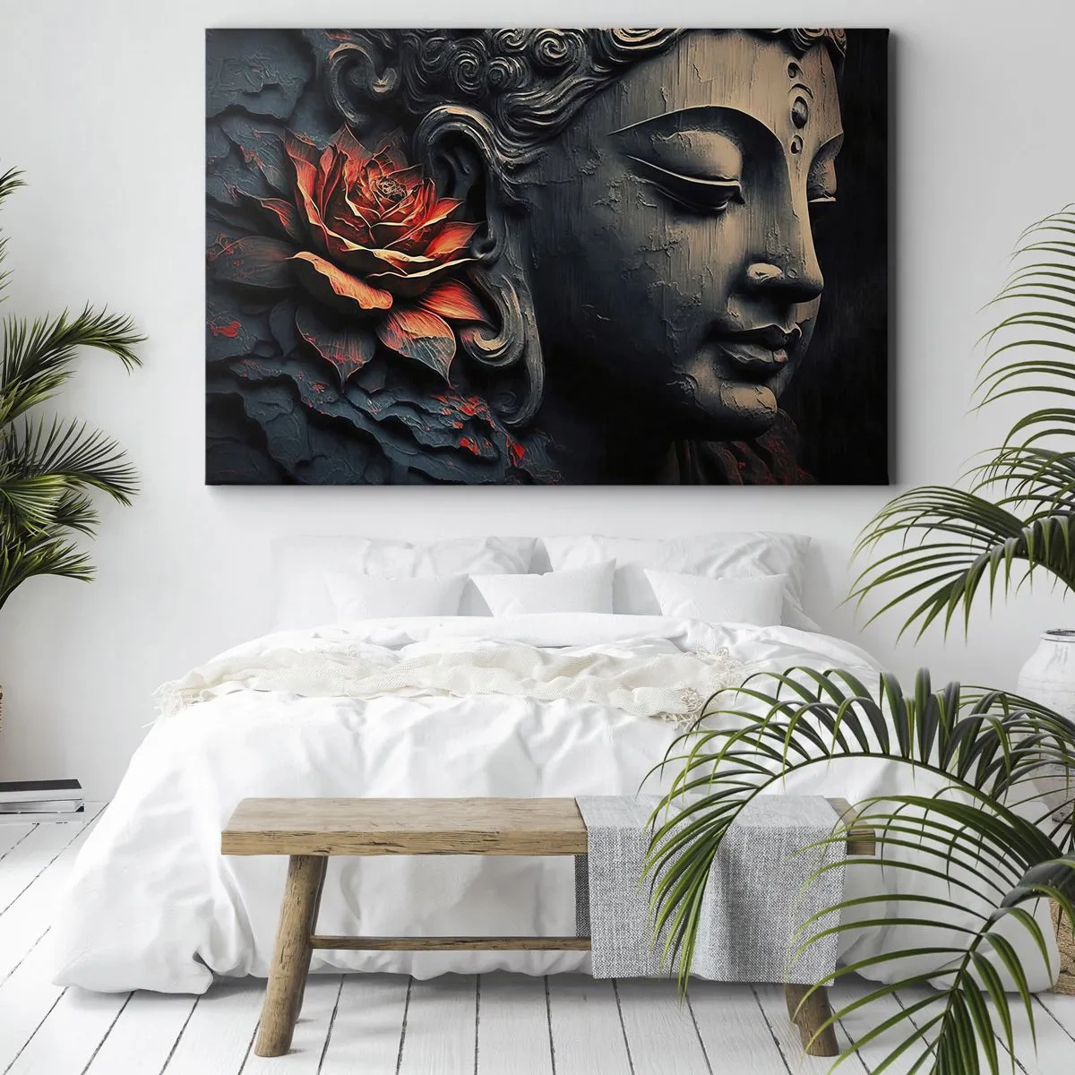 Quadro em tela - Escultura de Buda com uma flor de lótus vermelha - 70x50cm - Em harmonia com o mundo - Decoração de parede moderna para a sala de estar e quarto ARTTOR