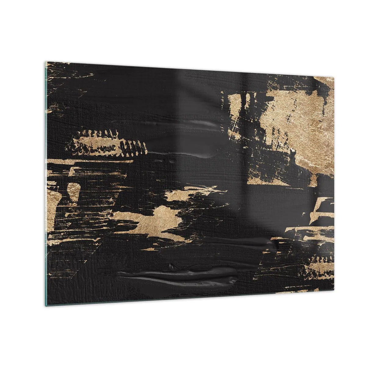 Quadro em vidro - Abstração em preto e dourado com textura semelhante a pinceladas - 70x50cm - Rastro de toque - Decoração de parede moderna para a sala de estar e quarto ARTTOR