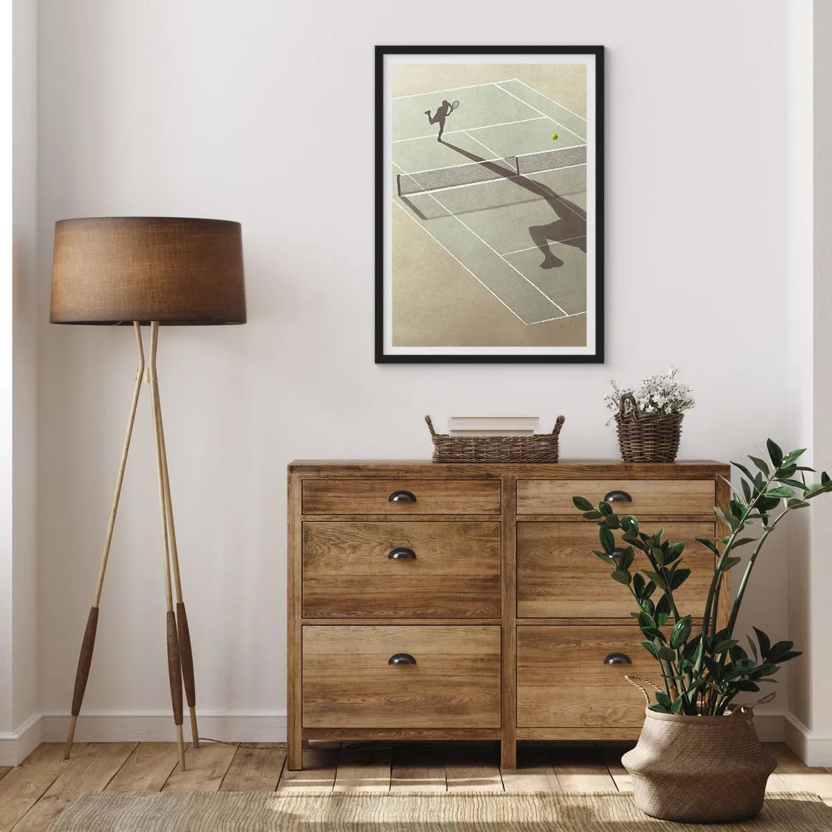 Pôster com moldura preta - Um jogador de tênis servindo na quadra - 50x70cm - Supera-te - Decoração de parede moderna para a sala de estar e quarto ARTTOR