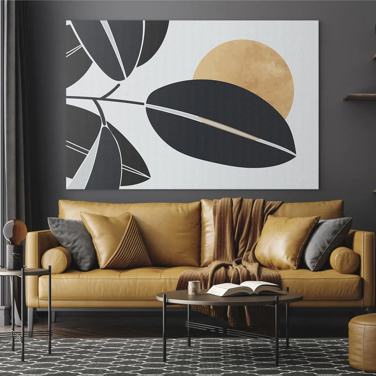 Quadro em vidro - Folhas estilizadas em preto com um sol laranja ao fundo - 70x50cm - Um dia quente de verão - Decoração de parede moderna para a sala de estar e quarto ARTTOR