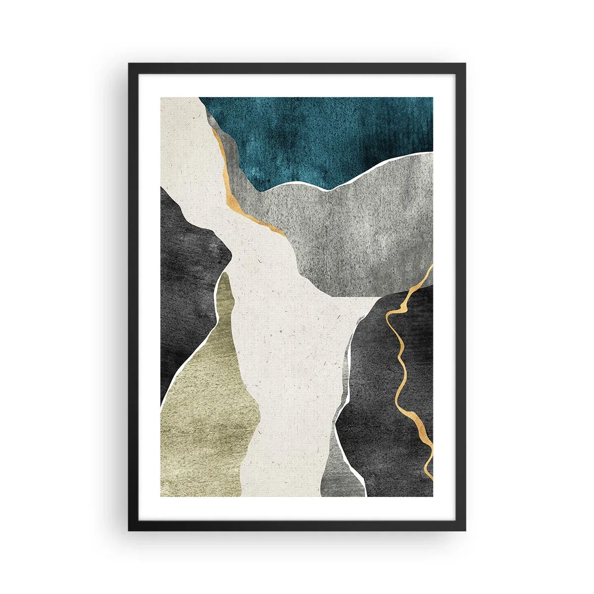 Pôster com moldura preta - Composição abstrata com formas geométricas - 50x70cm - Composição de mosaico com fio de ouro - Decoração de parede moderna para a sala de estar e quarto ARTTOR