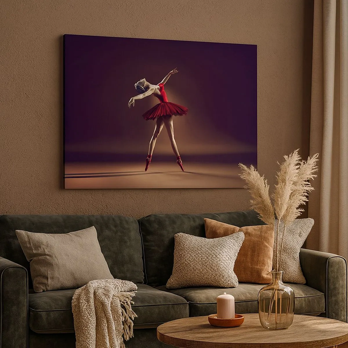 Quadro em tela - Uma bailarina de vestido vermelho tendo como pano de fundo um palco - 70x50cm - Prima ballerina - Decoração de parede moderna para a sala de estar e quarto ARTTOR