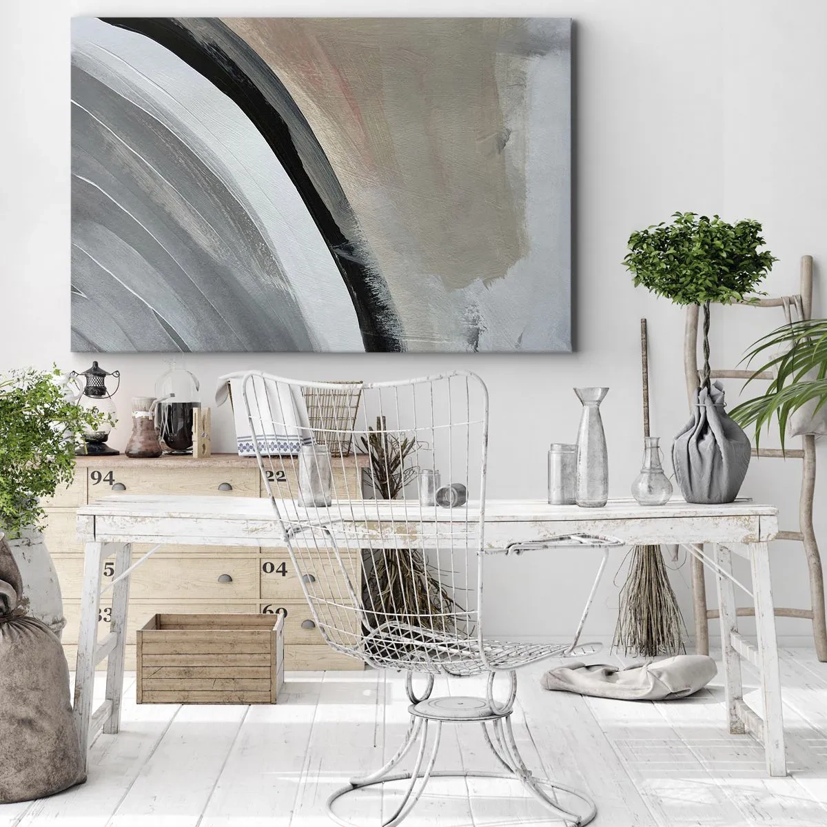 Quadro em tela - Arco abstrato em tons de preto, cinza e bege - 70x50cm - Composição: arco preto e cinza - Decoração de parede moderna para a sala de estar e quarto ARTTOR