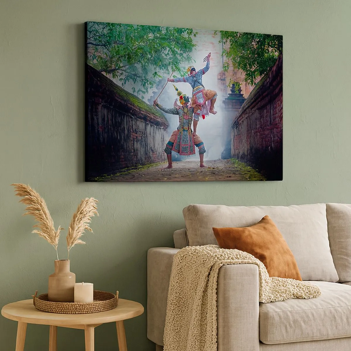 Quadro em tela - Dança tradicional em um ambiente histórico com muro e árvores - 70x50cm - Uma dança de beleza mortal - Decoração de parede moderna para a sala de estar e quarto ARTTOR