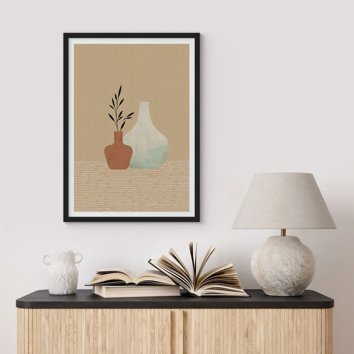 Pôster com moldura preta - Ilustração de vasos de cerâmica em cores suaves - 50x70cm - O vaso e sua ideia - Decoração de parede moderna para a sala de estar e quarto ARTTOR