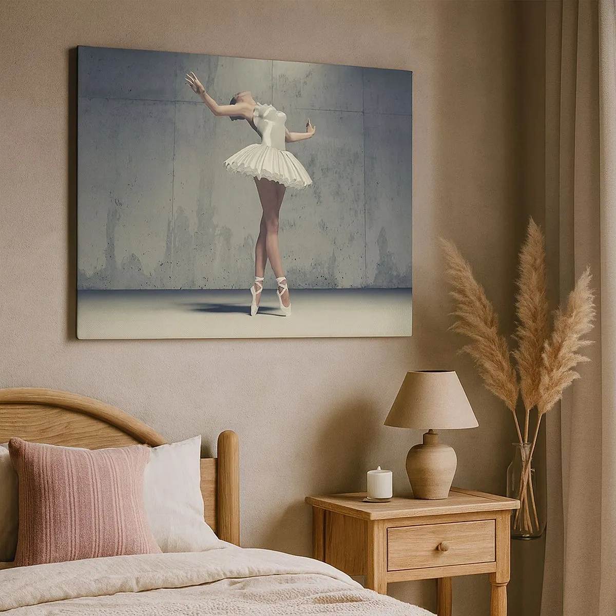Quadro em tela - Uma bailarina de vestido branco contra uma parede crua. - 70x50cm - Leve como um pássaro - Decoração de parede moderna para a sala de estar e quarto ARTTOR