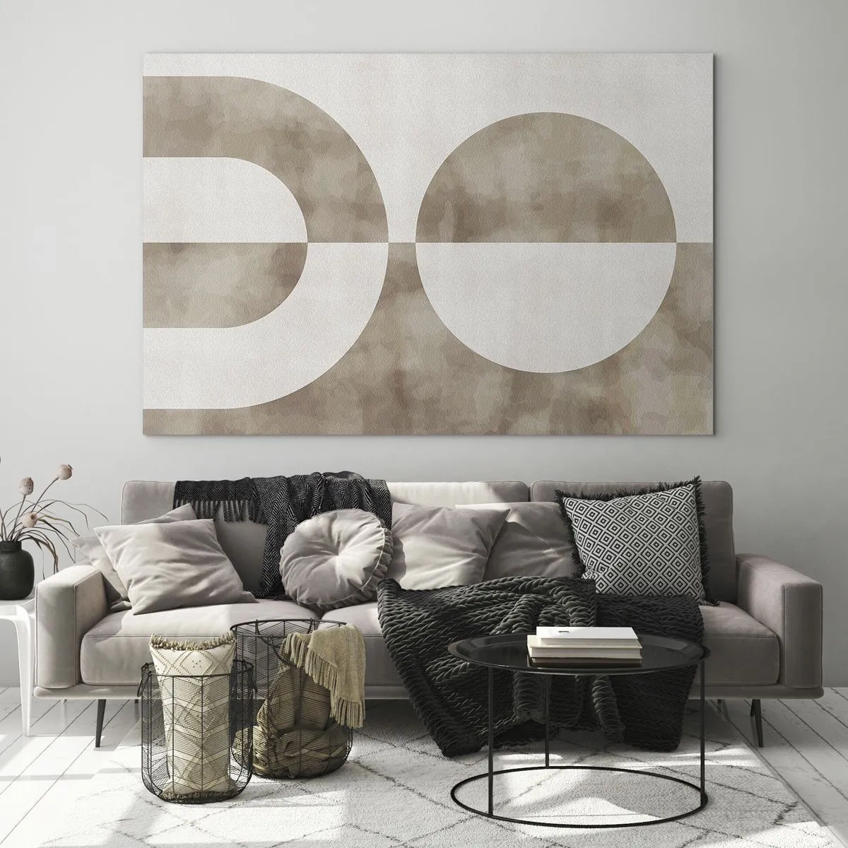 Quadro em vidro - Geometria bege com um semicírculo e um círculo em um fundo horizontal - 70x50cm - Semelhanças e diferenças - Decoração de parede moderna para a sala de estar e quarto ARTTOR