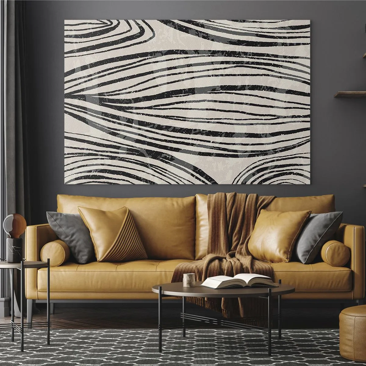 Quadro em vidro - Ondas de linhas pretas em um fundo claro - 70x50cm - Piscina em linha - Decoração de parede moderna para a sala de estar e quarto ARTTOR