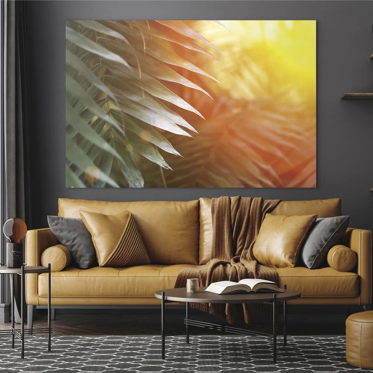 Quadro em vidro - Folhas de palmeira sob o brilho do sol da manhã em um ambiente tropical - 70x50cm - Manhã na selva - Decoração de parede moderna para a sala de estar e quarto ARTTOR