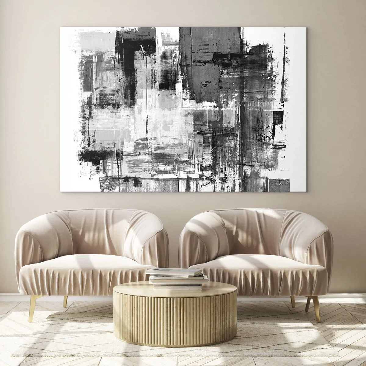 Quadro em vidro - Abstração em preto e branco com estrutura geométrica - 70x50cm - O cinza é lindo - Decoração de parede moderna para a sala de estar e quarto ARTTOR