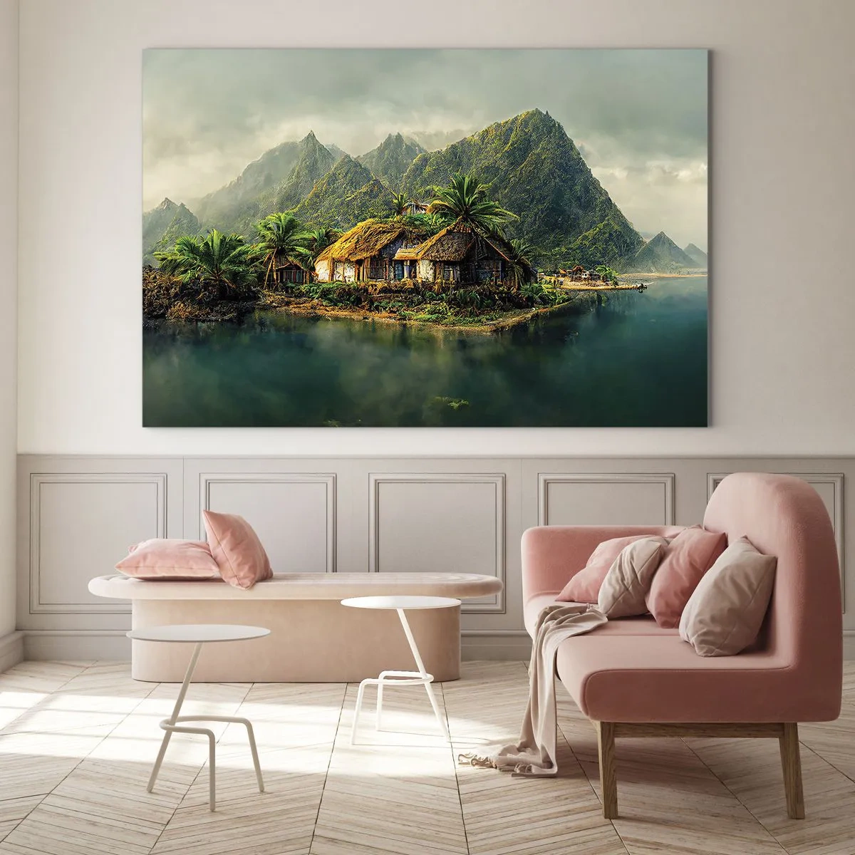 Quadro em vidro - Uma vila tropical à beira da água, cercada por montanhas e palmeiras - 70x50cm - Paraíso Tropical - Decoração de parede moderna para a sala de estar e quarto ARTTOR
