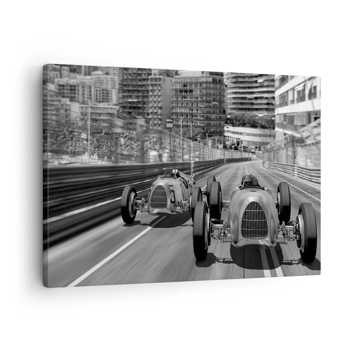 Quadro em tela - Cena de corrida de carros retrô monocromática - 70x50cm - Era uma vez em Monte Carlo - Decoração de parede moderna para a sala de estar e quarto ARTTOR