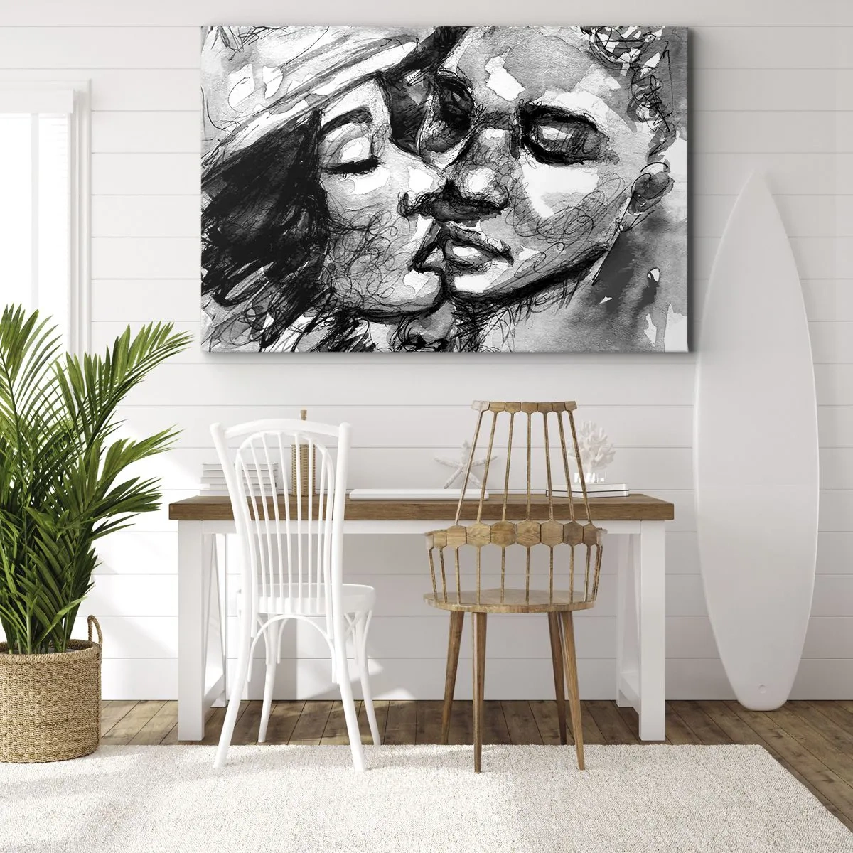 Quadro em tela - Uma aquarela em preto e branco retratando um momento íntimo entre duas pessoas. - 70x50cm - Um momento de ternura - Decoração de parede moderna para a sala de estar e quarto ARTTOR