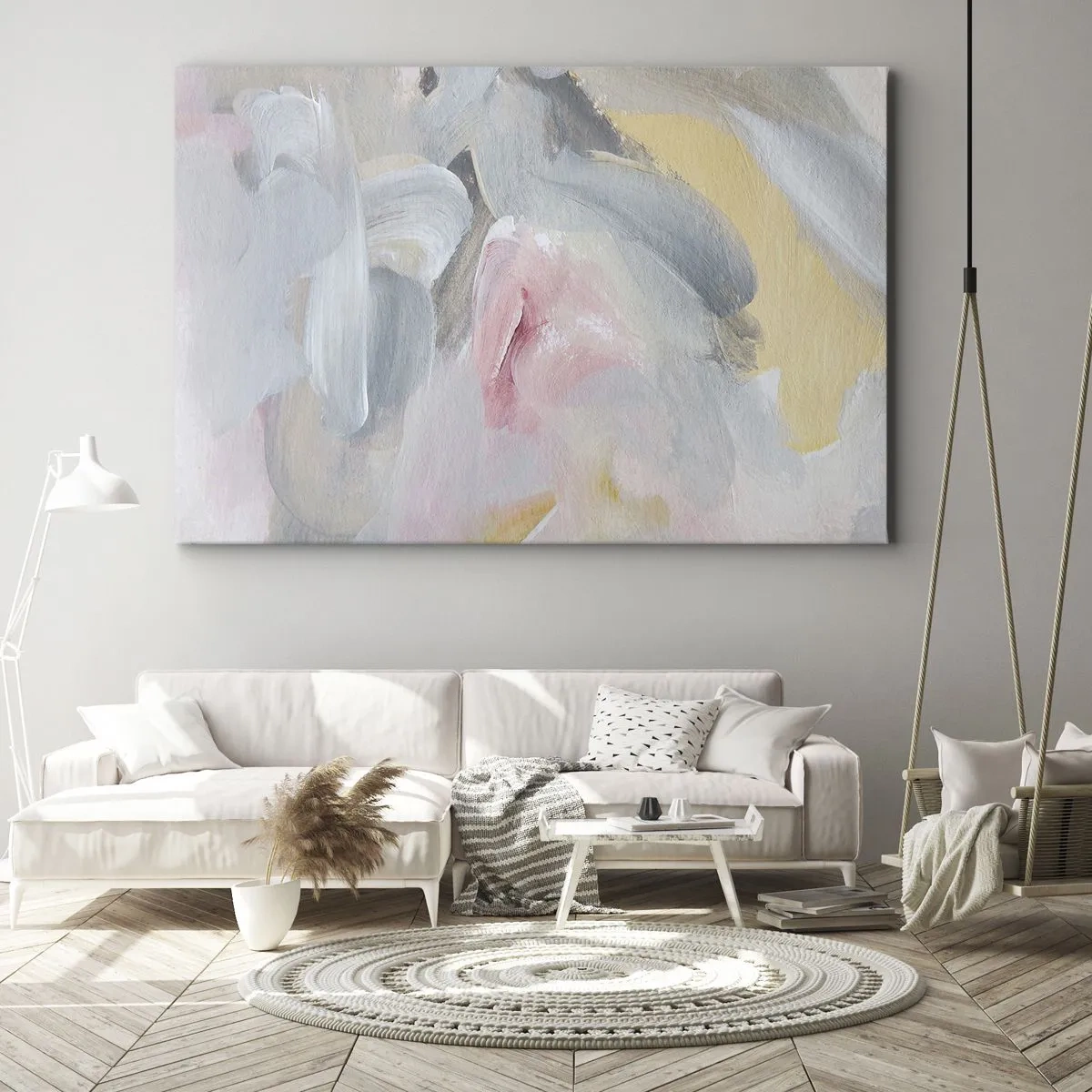 Quadro em tela - Pinceladas abstratas em tons de rosa e cinza. - 70x50cm - Em um mundo pastel - Decoração de parede moderna para a sala de estar e quarto ARTTOR