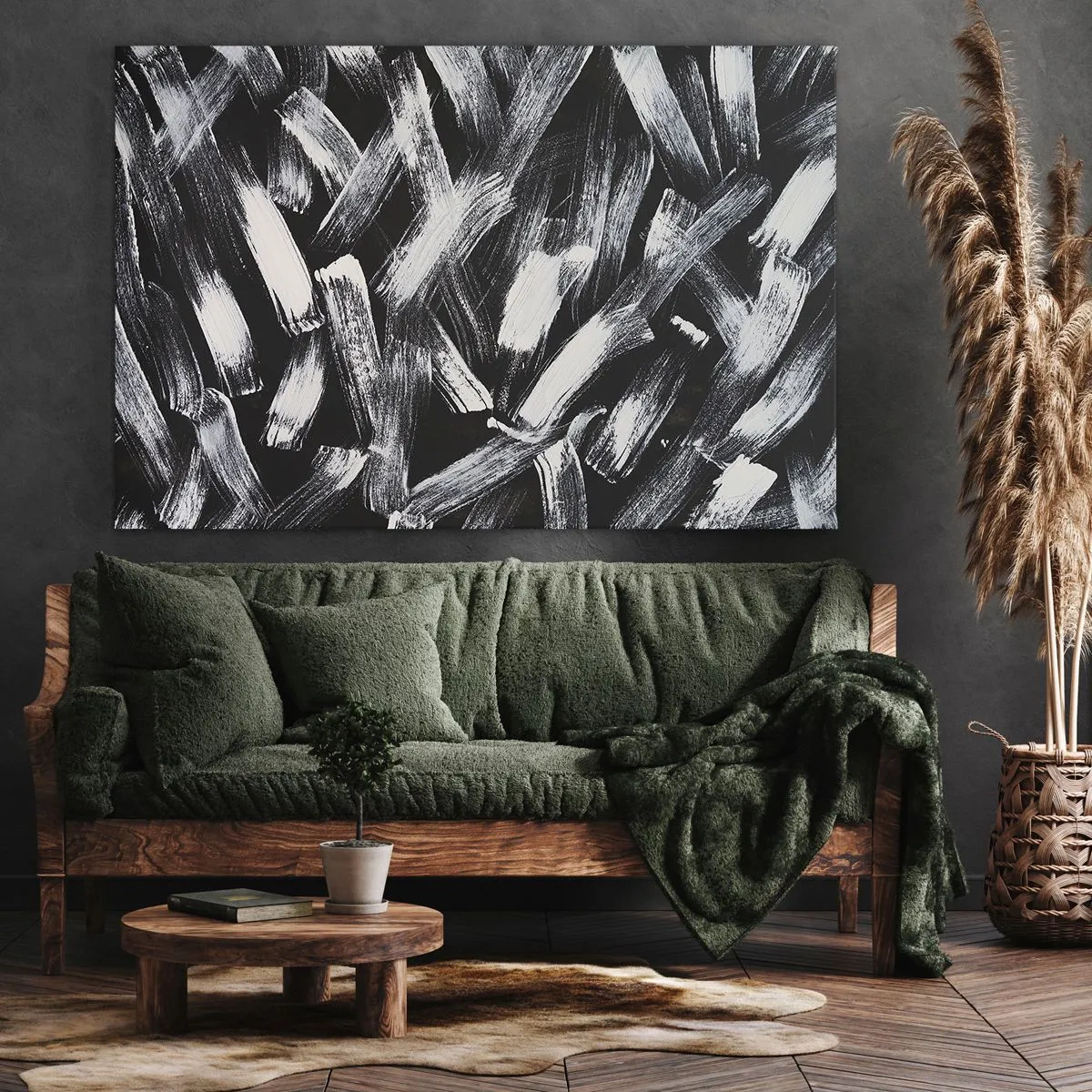 Quadro em tela - Abstração dinâmica com pinceladas brancas sobre fundo preto. - 70x50cm - Abstração no espírito industrial - Decoração de parede moderna para a sala de estar e quarto ARTTOR