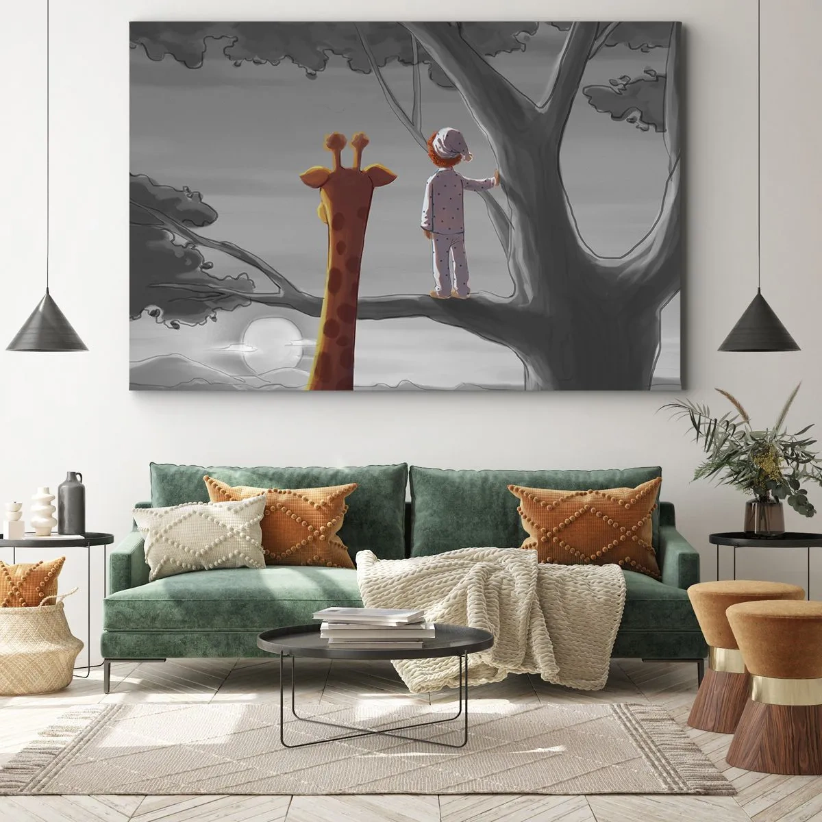 Quadro em tela - Uma criança e uma girafa em um galho de árvore em uma paisagem de conto de fadas - 70x50cm - Isso está realmente acontecendo - Decoração de parede moderna para a sala de estar e quarto ARTTOR