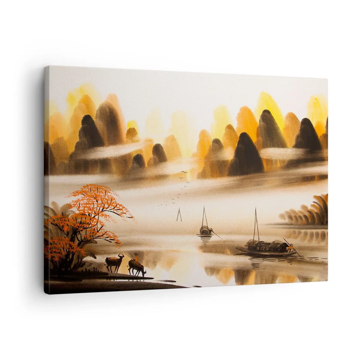 Quadro em tela - Uma paisagem oriental com um rio, montanhas e uma névoa suave. - 70x50cm - Além do Extremo Oriente - Decoração de parede moderna para a sala de estar e quarto ARTTOR
